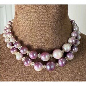 1950s Lavender Pink & Purple Beaded Two Strand Necklace Signed Japan